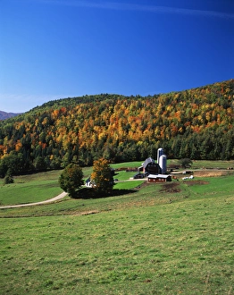 Silo Prints: USA, Northeast Kingdom, Vermont, View of silo and autumn landscape