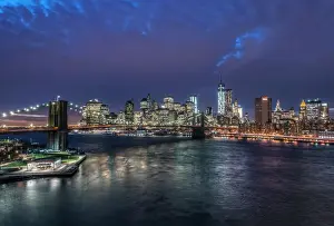 Twilight Prints: USA, NY, New York, Brooklyn Bridge & Lower Manhattan at Twilight