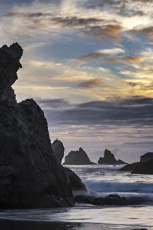 USA, Oregon, Bandon Beach. Pacific Ocean sea stacks at sunset
