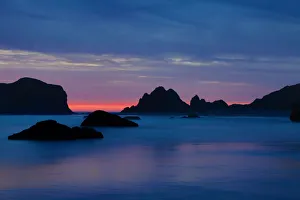 Sea Stack Prints: USA, Oregon, Bandon. Sunset on beach sea stacks