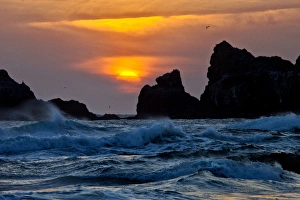 Stack Prints: USA, Oregon, Bandon. Sunset over sea stacks