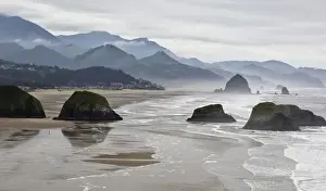 USA, Oregon, Cannon Beach. Fog rises over coastline at low tide