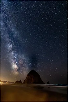 Star Prints: USA, Oregon, Cannon Beach. Haystack Rock with milky way overhead