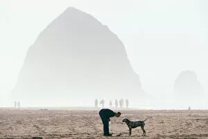 USA, Oregon, Cannon Beach, A man plays frisbee with his dog on a misty morning