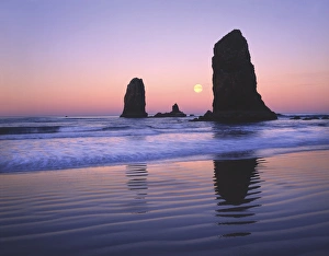 Monolith Prints: USA, Oregon, Cannon Beach, Moonset between The Needles rocks in early morning light