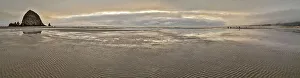 Seastack Prints: USA, Oregon. Cannon Beach and panorama of Haystack at sunset and low tide