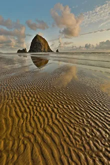Cannon Beach Prints: USA, Oregon, Cannon Beach. Sunset golden colors with ripples in sandy beach and The Haystack Rock