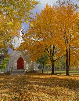 Pray Prints: USA, Oregon, Cove. Ascension Chapel surrounded by autumn color