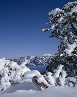 Volcanic Prints: USA, Oregon, Crater Lake National Park. Winter snow accumulates at Crater Lake