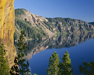 Images Dated 5th July 2017: USA, Oregon, Crater Lake National Park. Yellow lichens on the Palisades frame view