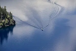 Tour Boat Prints: USA, Oregon, Crater Lake NP. The calm water of Crater Lake is broken by the wake