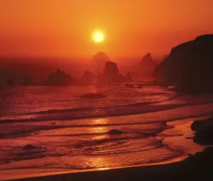 Highway 101 Prints: USA, Oregon, Curry County. Sunset on shoreline viewed from Rainbow Rock Lookout