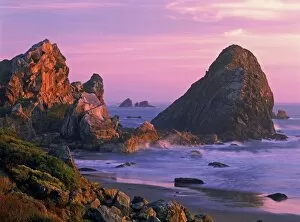 USA, Oregon, Harris State Beach, Brookings. Sea stacks at sunset