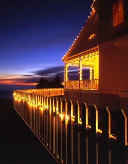 Porch Prints: USA, Oregon, Heceta Head Lighthouse, Lighthouse keepers house decorated with