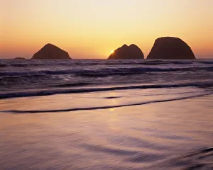 Oceanside Prints: USA, Oregon, Oceanside Beach State Wayside. Sunset over Three Arch Rocks