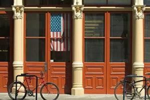 USA, Oregon, Portland, Bicycles parked at entrance to the Blagen building in Old Town