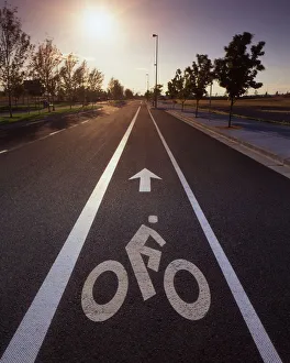 Bicycle Prints: USA, Oregon, Portland. Bike rider sign on street