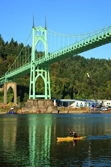Kayak Prints: USA, Oregon, Portland, Cathedral Park, kayaker paddling under the St. Johns Bridge