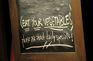 Images Dated 10th February 2008: USA, Oregon, Portland. Chalkboard sign at delicatessen