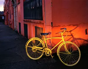 USA, Oregon, Portland, One of the citys yellow loaner bikes from the borrow-a-bike program