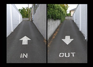 Alley Prints: USA, Oregon, Portland. Entrance and exit from alley directed by arrows. Credit as