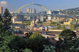 Willamette River Prints: USA, Oregon, Portland. Fremont Bridge over Willamette River and railroad yard. Credit as