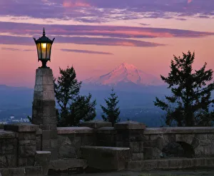 USA, Oregon, Portland. Mt Hood with moonrise at sunset