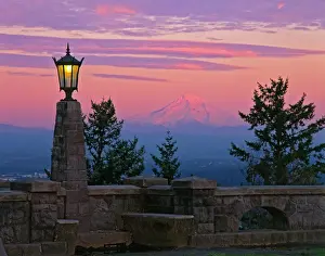 Volcanic Prints: USA, Oregon, Portland. Mt. Hood viewed from top of Rocky Butte at sunset