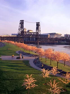 USA, Oregon, Portland, Paths of Tom McCall Waterfront Park, with the Steel Bridge