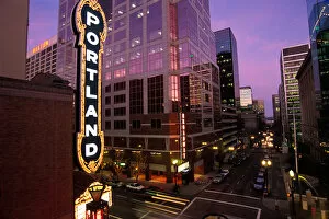 USA, Oregon, Portland, The Portland sign at the Arlene Schnitzer Concert Hall on Broadway