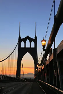 Willamette River Prints: USA, Oregon, Portland. St Johns Bridge at sunrise