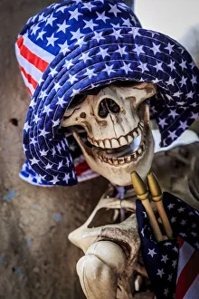 Skeleton Prints: USA, Oregon, Redmond, Bend. Skeleton decorated for 4th of July