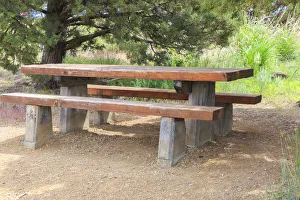 Redmond Prints: USA, Oregon, Redmond, Terrebonne. Smith Rock State Park. Picnic table and bench