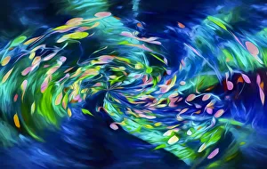 Dogwood Prints: USA, Oregon, Rogue River National Forest. Abstract of leaves in river. Credit as
