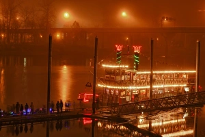 Willamette River Prints: USA, Oregon, Salem, Riverfront Park, Willamette Queen decorated for Christmas surrounded