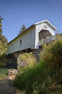 Rick A Brown Prints: USA, Oregon, Scio, Hoffman Bridge across Crabtree Creek in early Autumn. Digital Composite