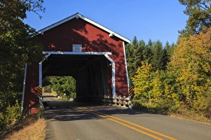 Rick A Brown Prints: USA, Oregon, Scio, the Shimanek, covered bridge over Thomas Creek in early Autumn