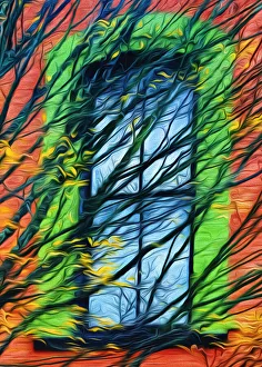 Silverton Prints: USA, Oregon, Silverton. Abstract of autumn leaves and building window
