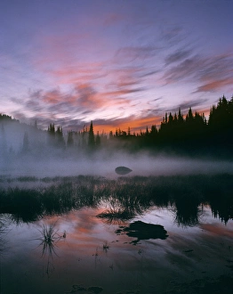 Cascades Range Prints: USA, Oregon, Sisters Mirror Lake. Colorful clouds fill the sunrise sky at Sisters