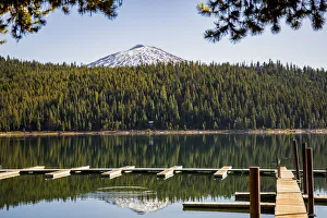 Landscape-Scenic Prints: USA, Oregon. Sparks Lake Recreation Area, Elk Lake, docks with Mt. Bachelor