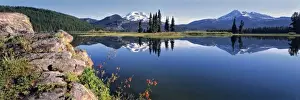 Sparks Lake Prints: USA, Oregon, Sparks Lake. Red Columbine grow from a rock outcrop at Sparks Lake in