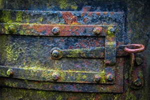 Weathered Prints: USA, Oregon, Tillamook. Close-up of lock on metal boiler door