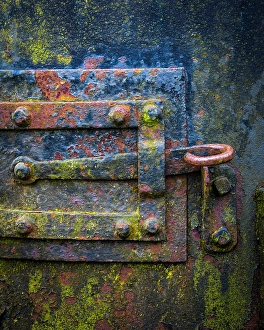 Weathered Prints: USA, Oregon, Tillamook. Close-up of lock on metal boiler door