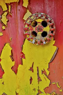 USA, Oregon, Tillamook. Old fire truck with gauges and valves with colorful pealing paint
