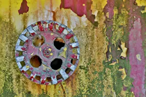 Rusted Prints: USA, Oregon, Tillamook. Old rusted vehicle close-ups with peeling paint on valve of old firetruck