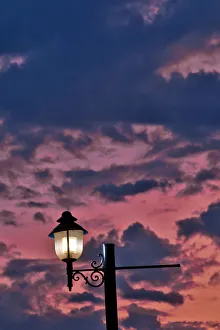 Lamppost Prints: USA, Oregon, Tualatin. Sunset and lights on Lamp post