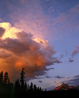 Cascades Prints: USA, Oregon, Umpqua National Forest. Storm approaching Mt Thielsen at sunset. Credit as
