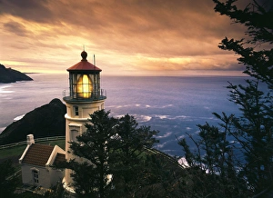 Safety Prints: USA, Oregon, View of Heceta Head Lighthouse at sunset