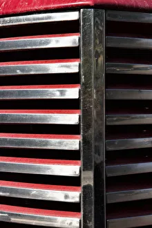 Palouse Prints: USA, Palouse, Washington State. Chrome grille on a red antique truck in the Palouse