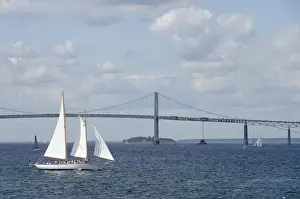 Boating Prints: USA, Rhode Island, Newport. Newport Bridge over the Narragansett Bay